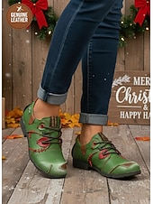 preiswerte Damenschnürschuhe-Grüne Oxford-Schnürschuhe aus Leder für Damen mit roten Nähten, handgefertigte Retro-Freizeitschuhe für Damen, perfekt für Weihnachtsoutfits und den Alltag im Herbst