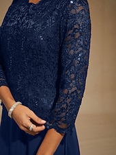 halpa Sifonkimeet-Naisten maksimekko sifonkimekko pitsipaljeteilla kirjailtu tyylikäs iltajuhla yksivärinen 3/4-hihainen pyöreä kaula-aukko tummansininen kevät syksy talvi