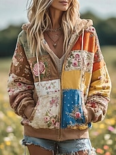 halpa Kukalliset yläosat-Naisten 3D Print Vintage Boho Huppari Patchwork Huppari Sweatshirt Kukallinen Hupparilla Sweatshirt Takki Pitkähihaiset Zip Up Taskulla Kevyt Rentoa Zip Up s Kadun Arkivaatteita Patchwork Tasku Syksy