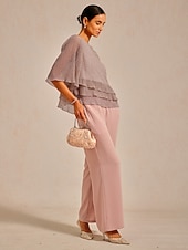  Naisten Pusero Sifonki Topit Pitsi Topit Rypytetty Kimallus Yhtenäinen väri Tyylikäs 3/4 hiha Tiukka pyöreä kaula-aukko Häävieras Pyhäpäivä Punastuvan vaaleanpunainen Kesä Kevät Syksy