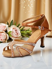 economico Scarpe per balli latini-Scarpe da ballo da sala da donna con strass - tacchi latini aperti in rete con tacco basso a blocco, stile festa scintillante per salsa, tango &amp;eventi di danza formale