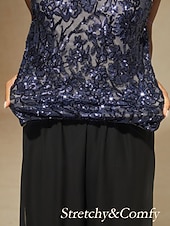 お買い得  レディースブラウススーツ-女性用 ブラウス 2 ピースの衣装 ドレッシーなトップス スパンコール 刺繍 フラワー エレガント 七分袖 スタンドカラー レギュラートップス パーティー ネイビーブルー 春 秋 冬