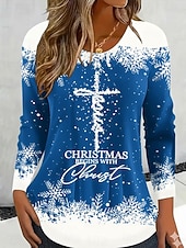 Χαμηλού Κόστους Χριστουγεννιάτικα Μπλουζάκια-Χριστουγεννιάτικα γυναικεία T-shirt γραφικά vintage μόδας στυλάτο μακρύ μανίκι crew neck στρογγυλή στολή κανονικά μπλουζάκια καθημερινής εκτύπωσης Σαββατοκύριακου μαύρο χρυσό καλοκαίρι άνοιξη