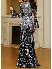 preiswerte Meerjungfrau Abendkleider-Schwarz Silber Meerjungfrau  Trompete Schicht  Säule Abendkleid Elegantes Formelles Kleid Formelle Hochzeit Bodenlang Langärmlig Boot-Ausschnitt Spitze mit Applikationen