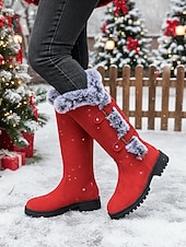 Недорогие Модные сапоги-Женские красные зимние сапоги из искусственной замши - высокие сапоги до колена с отделкой из искусственного меха и пряжкой на ремешке, стильная теплая рождественская обувь для улицы и повседневной
