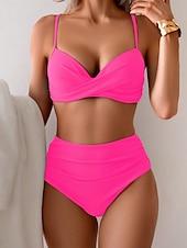 economico Bikini-Costume da bagno da donna bikini a 2 pezzi con arricciature sbarazzino controlla pancia vita alta schiena scoperta abbigliamento da spiaggia per le vacanze costumi da bagno senza maniche a collo V di