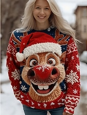 billige Julegensere-Dame Genser søt stil Gatemote Fritid Grafisk julenissen snowflakes Crew-hals Lapper Strikket Langermet Vanlige topper Strikke Jul Fest Ferie Rødbrun Hvit Vår Høst