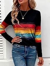 voordelige Stripe &amp; Geometrische t-shirt-Dames T-shirt Afdrukken Grafisch Gestreept Vintage Stijlvol Klassiek Lange mouw Strakke ronde hals Normale tops Dagelijks Weekend Zwart Lente Herfst Winter