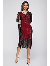 preiswerte 1920er Kleider-Goldene Zwanziger 1920er Knielang Flapper Kleid Kurze Ärmel Der große Gatsby Pailletten Fransen V Ausschnitt Kostüm Damen Weihnachten Karneval Flüsterkneipe Maskerade Retro-Mottoparty Erwachsene