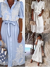 preiswerte Einfaches Kleid-Damen Midikleid Sommerkleid Urlaub Lässig Boho Ausgehen Normale Passform Blumen Kurzarm Umlegekragen Blau Weiß Weiß Sommer Frühling