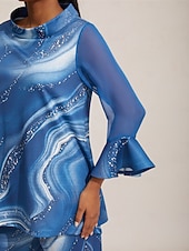 baratos camisas, tops e blusas-Blusa feminina azul estampa floral chiffon elástico mangas decote barco casual confortável primavera verão outono férias