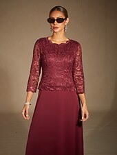 Dam Midiklänning Chiffongklänningar A linjeklänning Elegant Kvällsfest Bröllopsgäst Paljetter Spets Ensfärgat 3/4 ärm Rund hals Vin