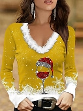 olcso Karácsonyi felsők-Karácsonyi Női Blúz Grafikus Boros Pohár Hétköznapi Hosszú Ujjú V Nyak Szabványos Felsők Mindennapi Foltvarrásos Nyomás Fekete Világos Zöld Piros Kék Ősz Tél