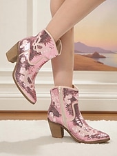 Недорогие Ковбой и западные ботинки-женские ботильоны в стиле вестерн с золотыми пайетками и цветочной вышивкой – удобный блочный каблук для вечеринок, фестивалей и повседневной носки