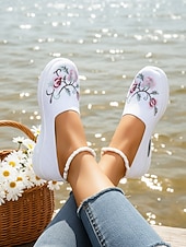 Χαμηλού Κόστους Γυναικεία Sneakers-Γυναικεία πράσινα slip-on αθλητικά παπούτσια με κέντημα λουλουδιών – αναπνεύσιμα πλεκτά παπούτσια για περπάτημα σε εξωτερικούς χώρους, ταξίδια και θηλασμό