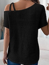 abordables Camiseta lisa-Mujer Camiseta Color sólido Vintage Elegante Manga Corta Cuello asimétrico Tops regulares Diario Noche Fin de semana Negro Blanco Rosa Caqui Verano Primavera
