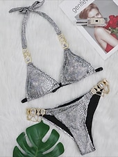 رخيصةأون أطقم البيكيني-ملابس سباحة نسائية بيكيني من قطعتين بظهر غير مغطى للنساء شاطئ العطلات مع تصميم بسيط عنق مزين وبدون أكمام