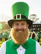 お買い得  アクセサリー-男性用聖パトリックの日のレプラコーンコスチュームアクセサリーセット、ポリエステル素材、バックル付きグリーンのトップハット、偽のひげ、蝶ネクタイとネクタイセット、パーティーや休日のお祝い