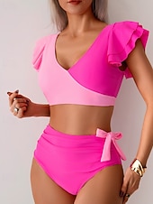 Χαμηλού Κόστους Σετ μπικίνι-Γυναικεία Μαγιό 2 κομμάτι Προκλητικό Μαγιό Σουρωτά Κουρελού Εξώπλατο Διακοπές Ρούχα παραλίας Συνδυασμός Χρωμάτων Λαιμόκοψη V Αμάνικο Μαγιό