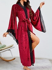 cheap Women's Onesies-Women's Robe Casual Soft Satin Pure Color Lace Patchwork Daily Home Bed Long Sleeve V Neck Black White Wine Summer Spring Loose Fit