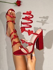 abordables Día de San Valentín-Tacones rojos con tiras en forma de corazón para mujer: tacones de bloque adornados con brillantes diamantes de imitación y tiras en forma de corazón, perfectos para el día de San Valentín, noches de