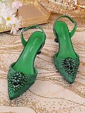  Women's Green Rhinestone Slingback Heels, Elegant Pointed-Toe Dress Shoes for St. Patrick's Day Party