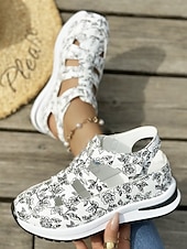 billiga Sport Sandaler-Svartvita blommiga sportsandaler för kvinnor – ihåliga promenadskor med sluten tå och kilformad sula för sommarresor och utomhusaktiviteter