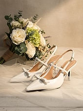 baratos noiva-Sapato feminino branco de salto alto com bico fino e tira em T com laço – elegante sapato de noiva para casamento na cidade. &amp;cerimônias religiosas, perfeitas para noivas e convidados de casamento