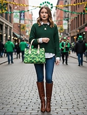  Damestas in groene ruitjesprint met klavertjesmotief, perfect voor St. Patrick's Day en dagelijks gebruik.