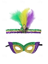 levne Příslušenství-Dámská souprava masky a čelenky na karneval Mardi Gras z polyesteru s flitry – živé barvy s peřím ideální pro karneval a maškarní večírky