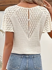 abordables T-shirt uni-Femmes Tee-shirt Gaufre T-shirt Chemisier Hauts en dentelle Dentelle Patchwork Uni Actif ancien Manche Courte Col en V Hauts Réguliers Quotidien Fête Sortir Abricot Été Printemps
