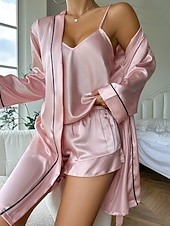 economico Completi pigiami da donna-Per donna Pigiama Camicia da Notte Set Pigiama Casual Morbido Raso Colore Puro Coulisse Shorts Quotidiano Casa Da letto Manica Lunga Spalline Nero Champagne Rosa Rosso Estate Vestibilità comoda