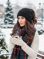 economico Cappelli da donna-berretto da donna in maglia con coda di cavallo: berretto rosso in maglia a trecce, elegante e comodo per il freddo, perfetto per attività casual e all'aperto
