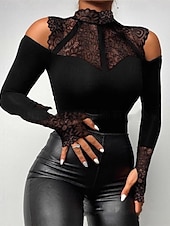 preiswerte Spitzenoberteile-Damen Oberteil mit Spitzenspleiß Sommeroberteile Bluse Elegante Oberteile Gerafft Spitze Patchwork Einfach Elegant Vintage Damen Langarm Hoher Ausschnitt Normale Oberteile Täglich Arbeit Ferien