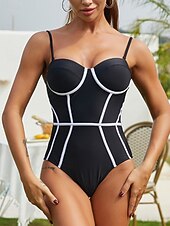 billige Onepiece badedrakter-Dame Badedrakt Én Del Underwire Fargeblok Monokini Magekontroll Høy Midje Slank Ryggen Elegant Ferie V U-Hals Uten Ermer Badedrakter