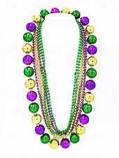 levne Příslušenství-Dámská sada plastových náhrdelníků s korálky na Mardi Gras - barevné zelené fialové a zlaté perfektní pro karnevalové a maškarní párty