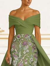  A-Linie Bodenlang Perlenbestickt Abendkleid Kleid der Brautmutter Abendkleid Ballkleid mit Überrock Festliche Kleidung Elegant Hoher Schlitz Kurzarm Schulterfrei Hochzeit Formell Satin Spitze mit