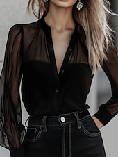 Недорогие Нарядные блузки-Жен. Рубашка Elegant Атласный верх Блуза Пэчворк Сетка Полотняное плетение Стиль Длинный рукав V-образный вырез Обычные топы Повседневные Праздники На выход Черный Лето Весна