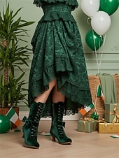  Damskie aksamitne botki sznurowane w kolorze leśnej zieleni – eleganckie botki na obcasie typu „kaczuszek” z ozdobnym kokardką na imprezy z okazji Dnia Świętego Patryka i zimowe festiwale