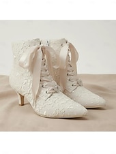 cheap Bride-Women's Vintage Lace Ankle Boots with Satin Ribbon Laces and Kitten Heels – Elegant Bridal Shoes for Weddings and Victorian-Inspired Events