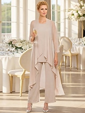 voordelige Broekpakken van mama-3-delig pak Tot de grond Moeder van de bruid jurk Mouwloos Nek boot Elegant Grote maten Bruiloft gast Chiffon Wrap inbegrepen met Effen kleur