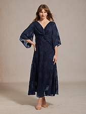 abordables Robe Fleurie-Femmes Robe maxi Robe en Chiffon Élégant Quotidien Vacances robe demoiselle d honneur À lacets Fleuri Manche 3/4 Col en V bleu marine