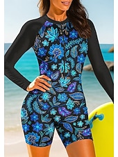 baratos Rash Guards de Uma Peça-Women's Regular Rash Guard Bathing Suit Athletic Swimwear Floral Paisley Tropical Removable Pad Front Zip Boyleg UV Sun Protection UPF50+ Stretchy Long Sleeve Swimwear Bodysuit Surfing Beach Water