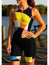 Χαμηλού Κόστους Γυναικεία ρούχα τριάθλου-Γυναικεία Φανέλα ποδηλασίας Ολόσωμη στολή για τρίαθλο Ντάουνιλ Τζέρσεϋ Αμάνικο Καλοκαίρι Άνοιξη Φθινόπωρο Μαύρο / Κίτρινο Γεωμετρικό Καμπύλη Αστείος Ποδήλατο