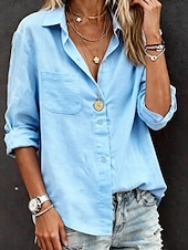 economico Camicie di Lusso-Per donna Camicie di cotone e lino Tasca Bottoni Tinta unica Vintage Elegante Essenziale Manica Lunga Colletto a Camicia Top Regolari Quotidiano Bianco Rosa Azzurro cielo Albicocca Estate Primavera