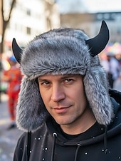 preiswerte Zubehör-Männliche warme Kunstpelzhorn Mardi Gras Hut | Multi-Farben Tier/Dämon Stil Bomber-Cap | Perfekt für Karneval Maskerade  Kostümpartys
