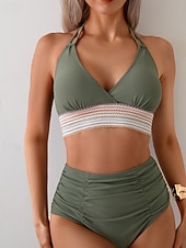preiswerte Bikini-Sets-Damen Badeanzug Zweiteilig Freche Unterhose Bademode Gerafft Rückenfrei Urlaub Strandbekleidung Einfach Neckholder Ärmellos Badeanzüge