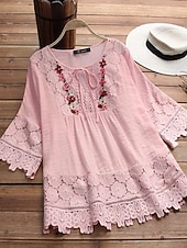 Χαμηλού Κόστους Απλές μπλούζες-Γυναικεία Πουκάμισο Popover Casual πουκάμισο Μπλούζα Σουρωτά Δαντέλα Κουρελού Σκέτο Κομψό Μοντέρνα Κομψό στυλ street 3/4 Μήκος Μανικιού Στρογγυλή Ψηλή Λαιμόκοψη Λαιμόδεση Κανονικά μπλουζάκια