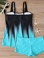 preiswerte Tankinis-Damen Tankini 2-teilig Badeanzug Shorts Bauchkontrolle Hohe Taille Slim Rückenfrei Urlaub Strandbekleidung Ombre Gestreift V-Ausschnitt Ärmellose Badeanzüge