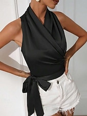 Недорогие Нарядные блузки-Жен. Блуза Открытая спина Полотняное плетение Стиль Секси Без рукавов НАЙКА НЕКО Обычные топы Праздники На выход Синий Черный Цвет шампанского Светло-зеленый Лиловый Лето Весна